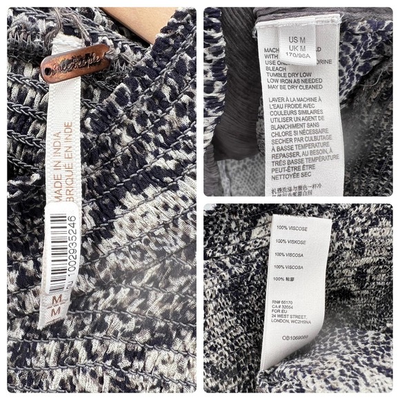 Free People Womens Roma Chiffon Top Medium Black Gray Snake Combo Ruffle Smocked - Picture 12 of 12